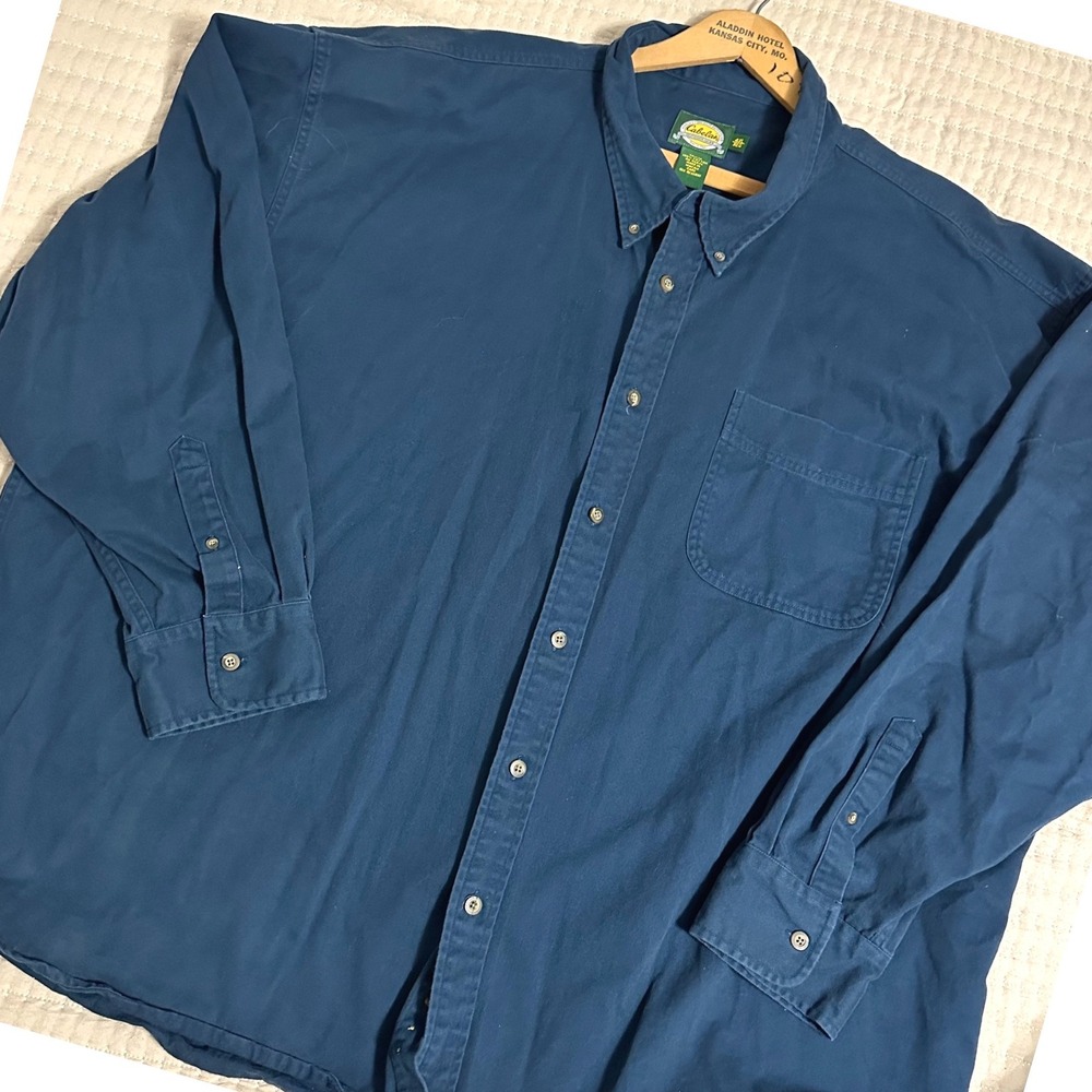 Cabelas Button Down Shirt Navy Blue Excellent 4XL Cotton Twill Long Sleeve Fall